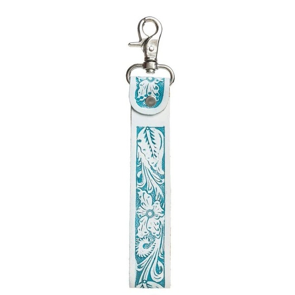 Myra Swim Accessories - Myra Bag Tampico Trails Keychain FOB Hand Tooled Turquoise White Leather S-10836